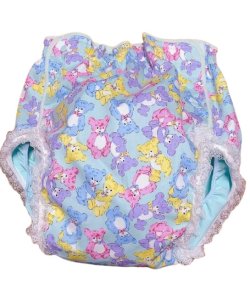 Photo1: Adult Diaper Cover Teddy Bear Pattern Polyurethane Waterproof Light Blue /Lace