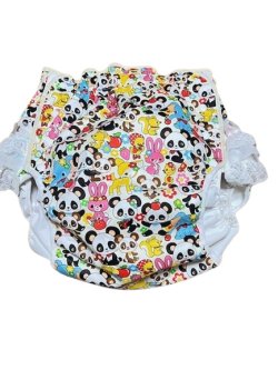 Photo3: Adult Diaper Cover Panda Animal Pattern Polyurethane Waterproof White /Lace on Hip