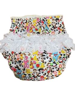 Photo1: Adult Diaper Cover Panda Animal Pattern Polyurethane Waterproof White /Lace on Hip