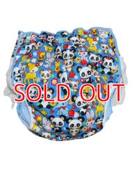 Adult baby diaper cover panda  pattern polyurethane waterproof blue / lace on hip/M´