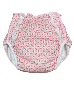 Photo1: Adult baby Diaper Cover – Cute Strawberry Print with Lace