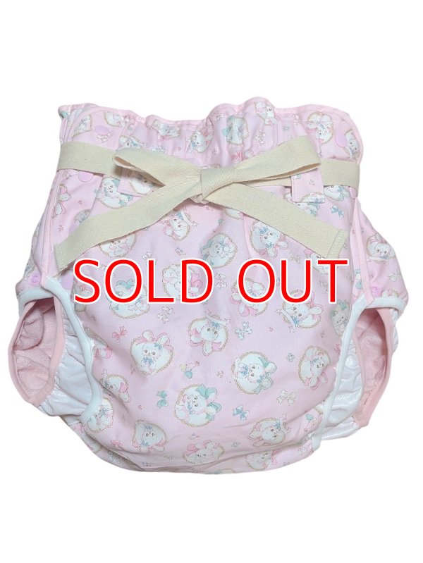Photo1: Adult baby diaper cover rabbit pattern with pile waterproof waist strap/M,M´only