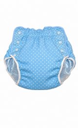 Photo: Adult Diaper Cover – Baby Blue Polka Dot Cotton with Vinyl Waterproof Lining
