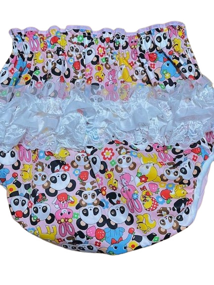 Photo1: Adult Diaper Cover Panda Animal Pattern Polyurethane Waterproof Pink / Lace on Hip