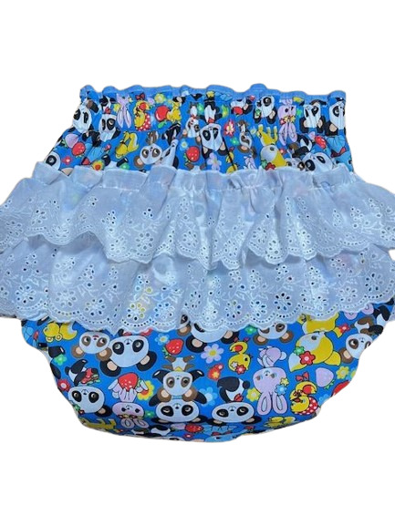 Photo2: Adult Diaper Cover Panda Animal Pattern Polyurethane Waterproof Blue / Lace on Hip