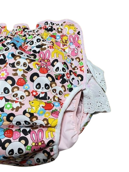 Photo3: Adult Diaper Cover Panda Animal Pattern Polyurethane Waterproof Pink / Lace on Hip