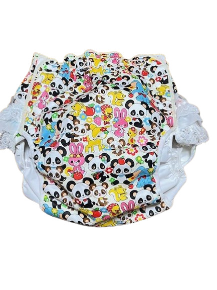 Photo3: Adult Diaper Cover Panda Animal Pattern Polyurethane Waterproof White /Lace on Hip