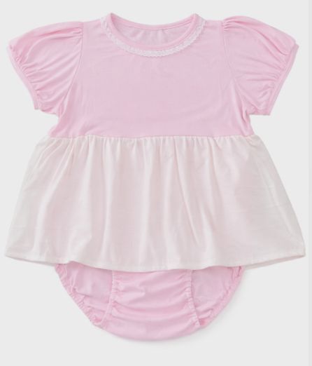 Photo1: Adult Baby Pink Skirted Romper with Flowy Skirt & Short Sleeves