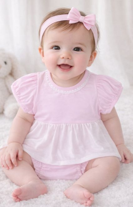 Photo: Adult Baby Pink Skirted Romper with Flowy Skirt & Short Sleeves