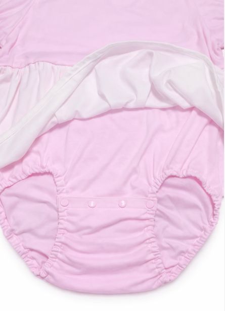 Photo: Adult Baby Pink Skirted Romper with Flowy Skirt & Short Sleeves
