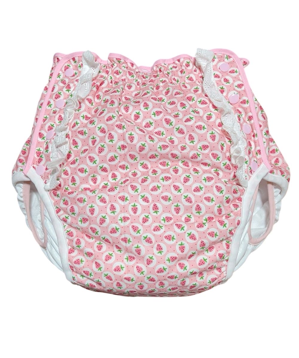 Photo1: Adult baby Diaper Cover – Cute Strawberry Print with Lace