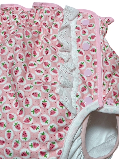 Photo2: Adult baby Diaper Cover – Cute Strawberry Print with Lace