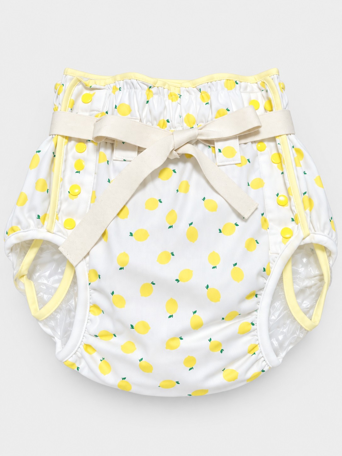 Photo1: Adult Diaper Cover – Lemon Print with Adjustable Waist Tie and Vinyl Waterproof Lining