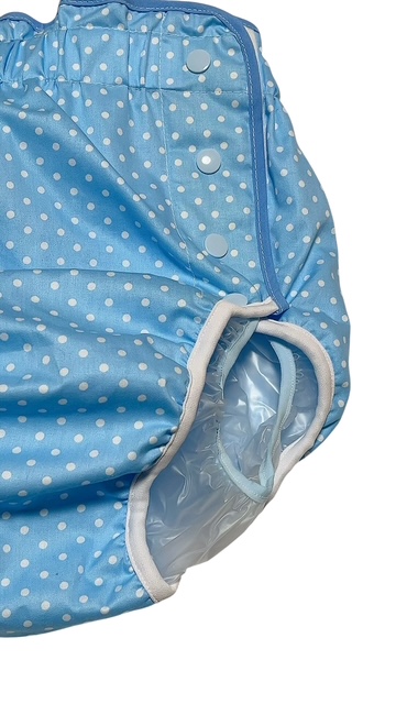 Photo: Adult Diaper Cover – Baby Blue Polka Dot Cotton with Vinyl Waterproof Lining