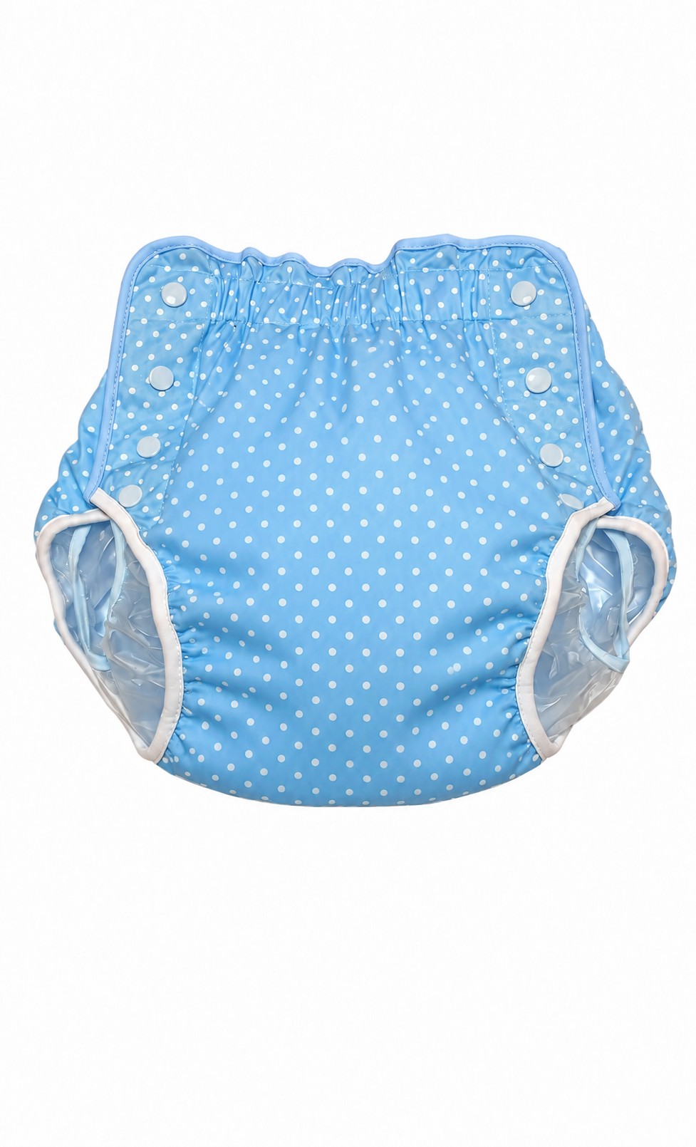 Photo1: Adult Diaper Cover – Baby Blue Polka Dot Cotton with Vinyl Waterproof Lining